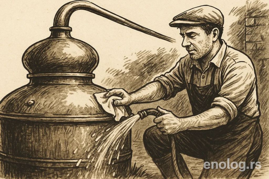 Ilustracija muškarca koji pere bakarni kazan vodom i krpom, prikazana u rustičnom stilu sa detaljima rada i opreme za destilaciju, uz potpis enolog.rs.