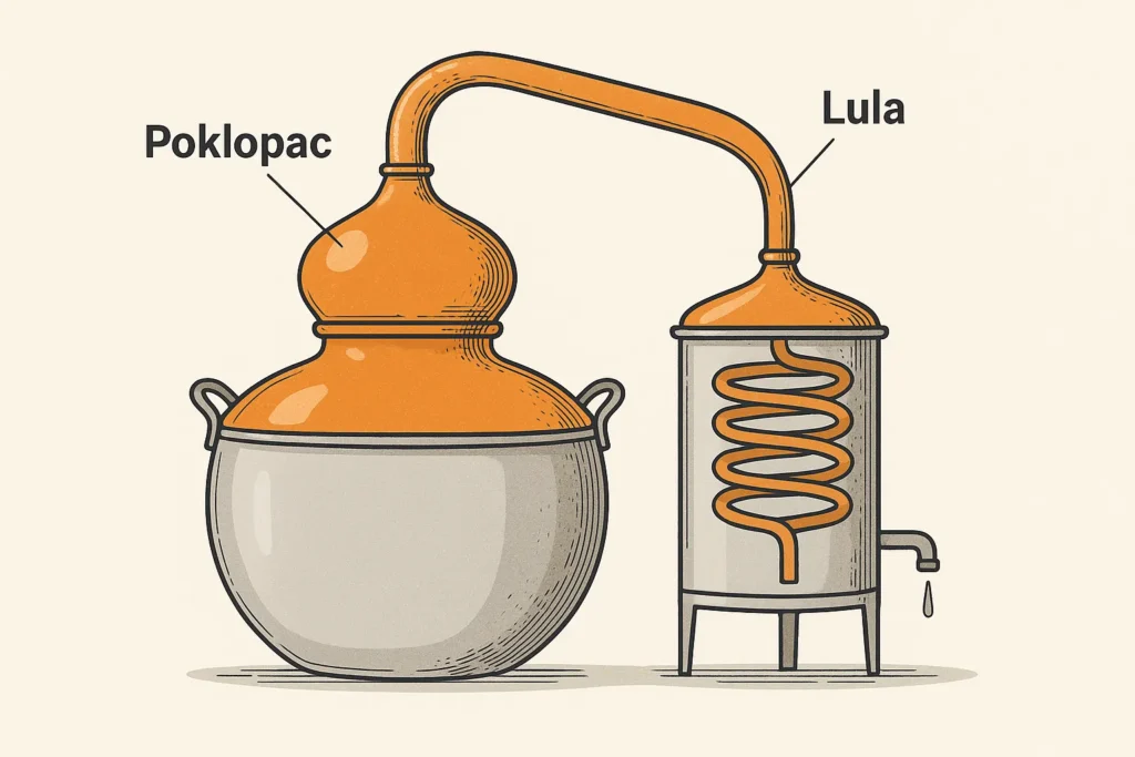 Ilustracija prikazuje tehnički presek kazana za rakiju sa označenim ključnim bakarnim delovima – „poklopac“ i „lula“. Bakarni delovi su obojeni narandžasto, dok su ostali elementi u sivoj boji, uz cev za kondenzaciju i kap rakije na izlazu.